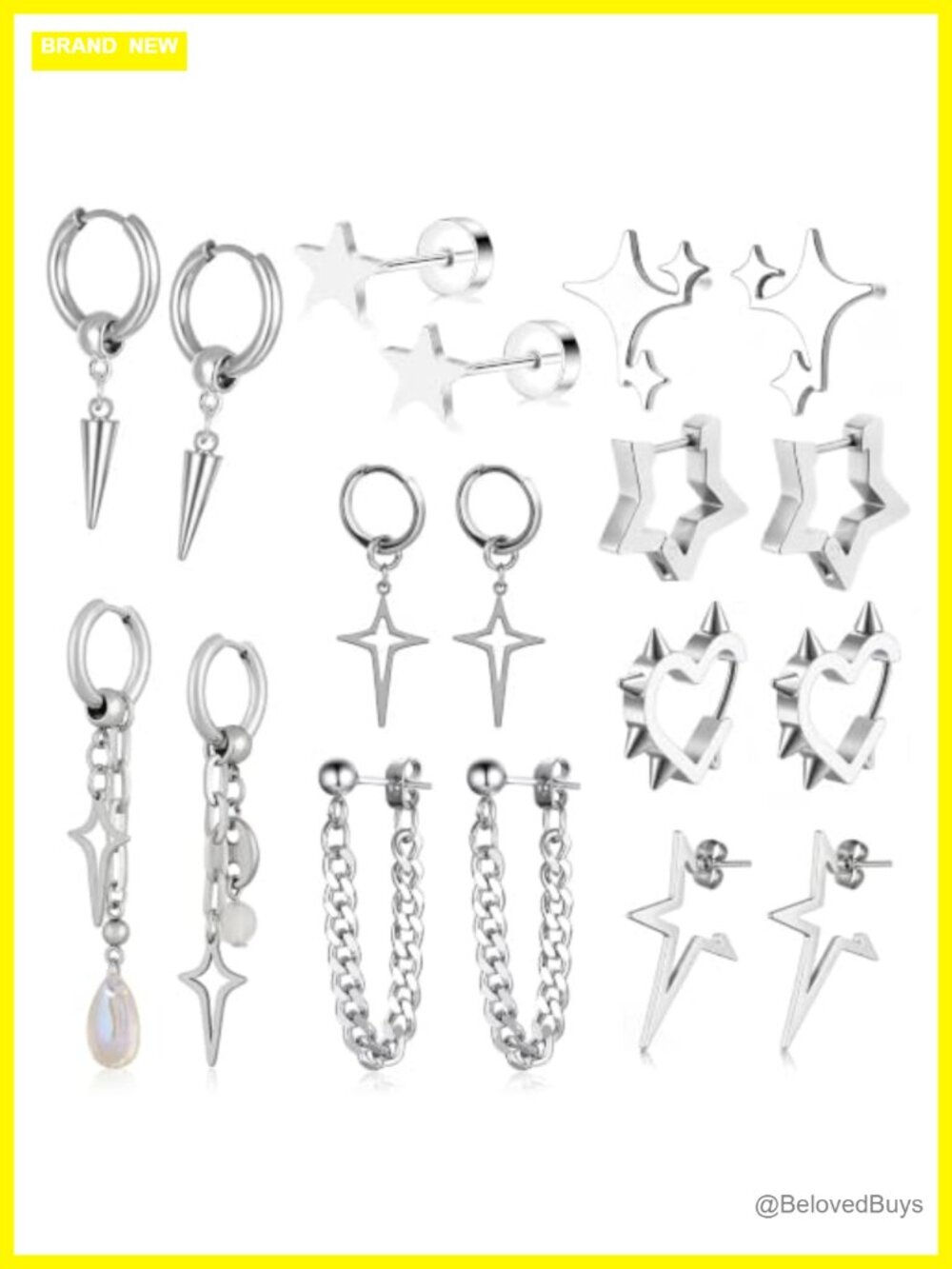 9 Piece Y2K Goth Stainless Steel Dangle Hoop Earrings Set Star Spike Chain